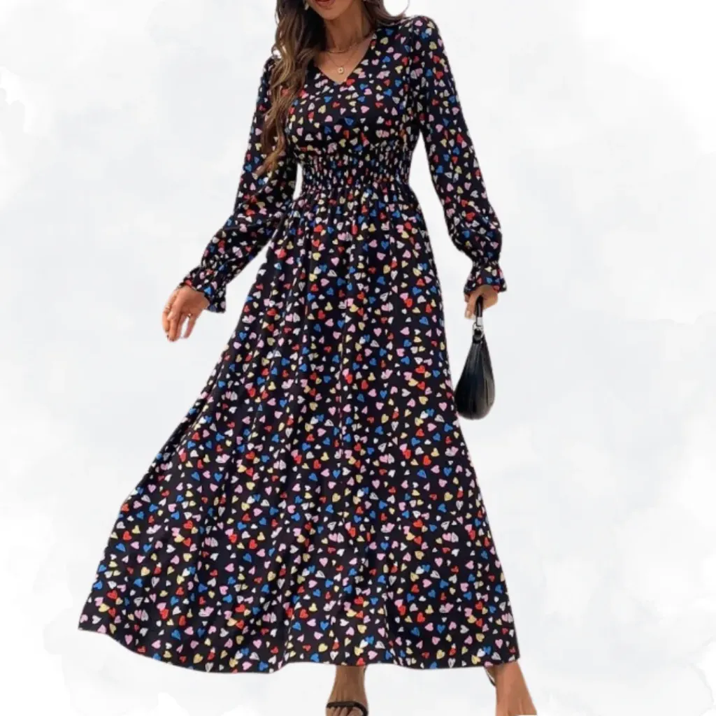 Heart Print Dress - Black/Multicolour