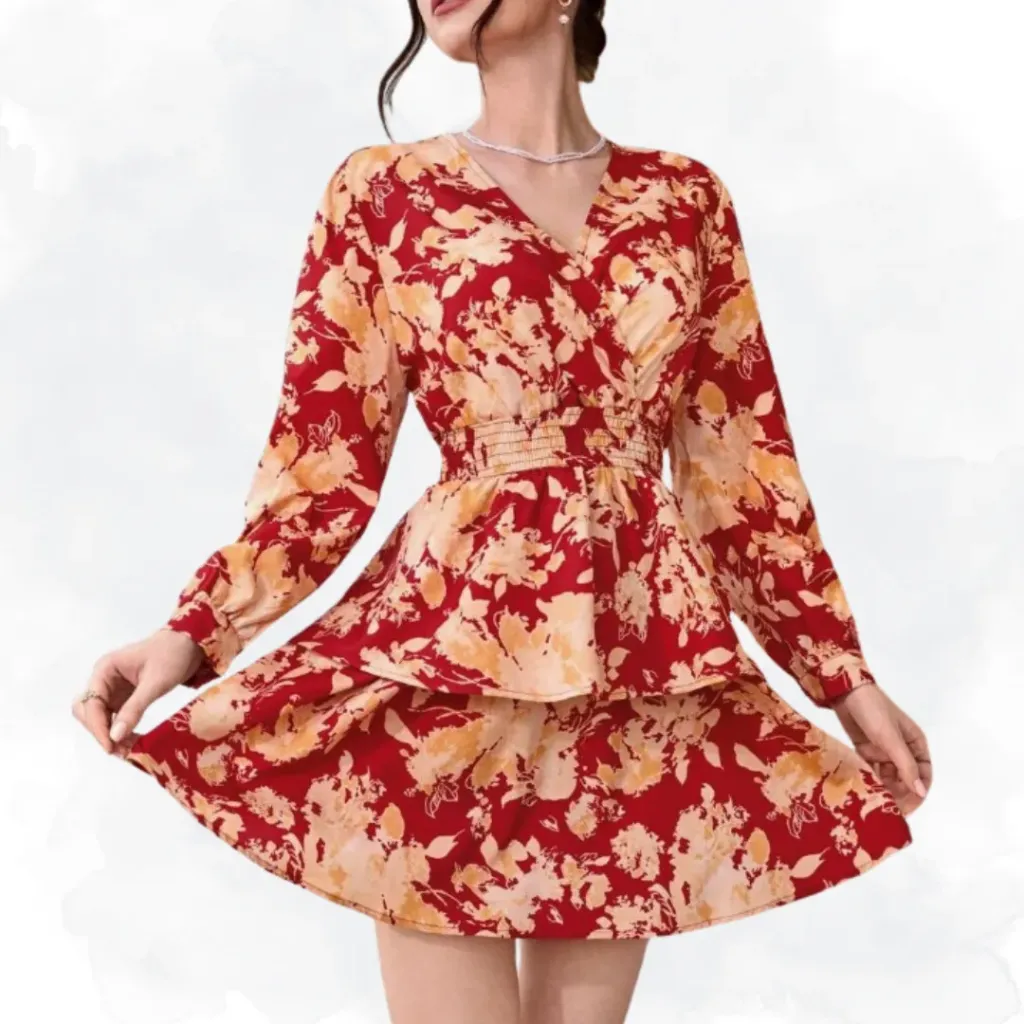 [1101] Floral Print Top - Burgunday/Gold (Small)