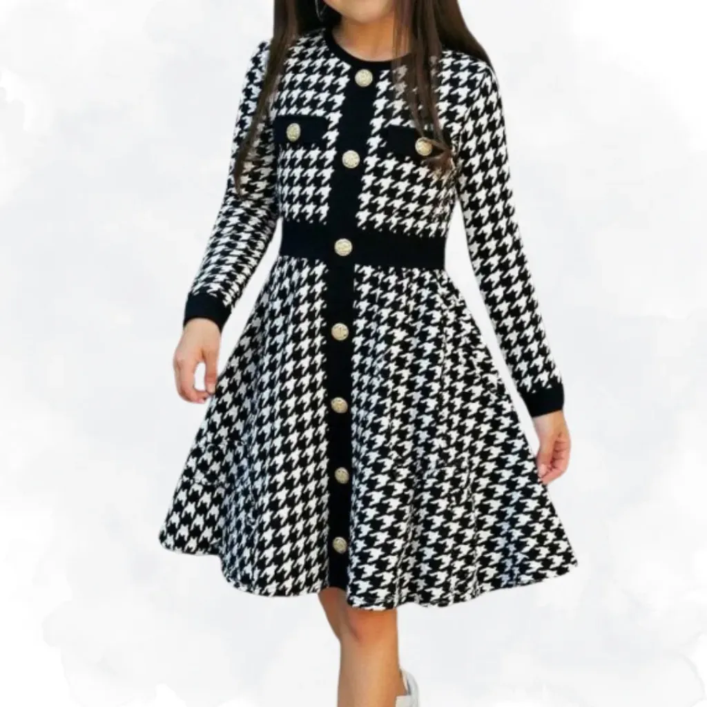 [1166] Kids Houndstooth Dress - Black (9Y)