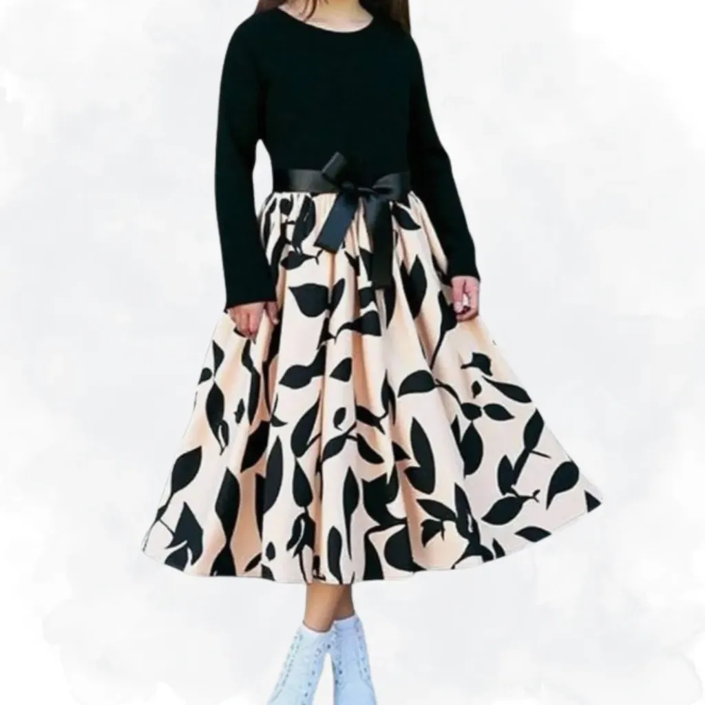 Kids Leaf Print Dress - Black/Tan