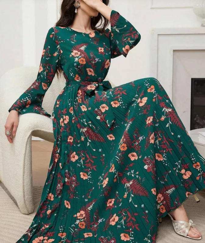 Floral Print Pleated Dress - Green