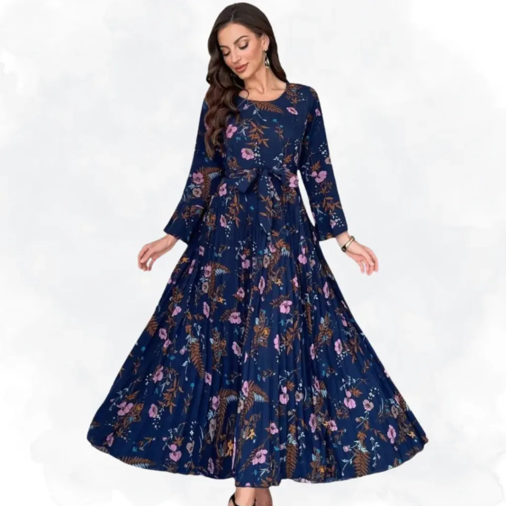 Floral Print Pleated Dress - Navy