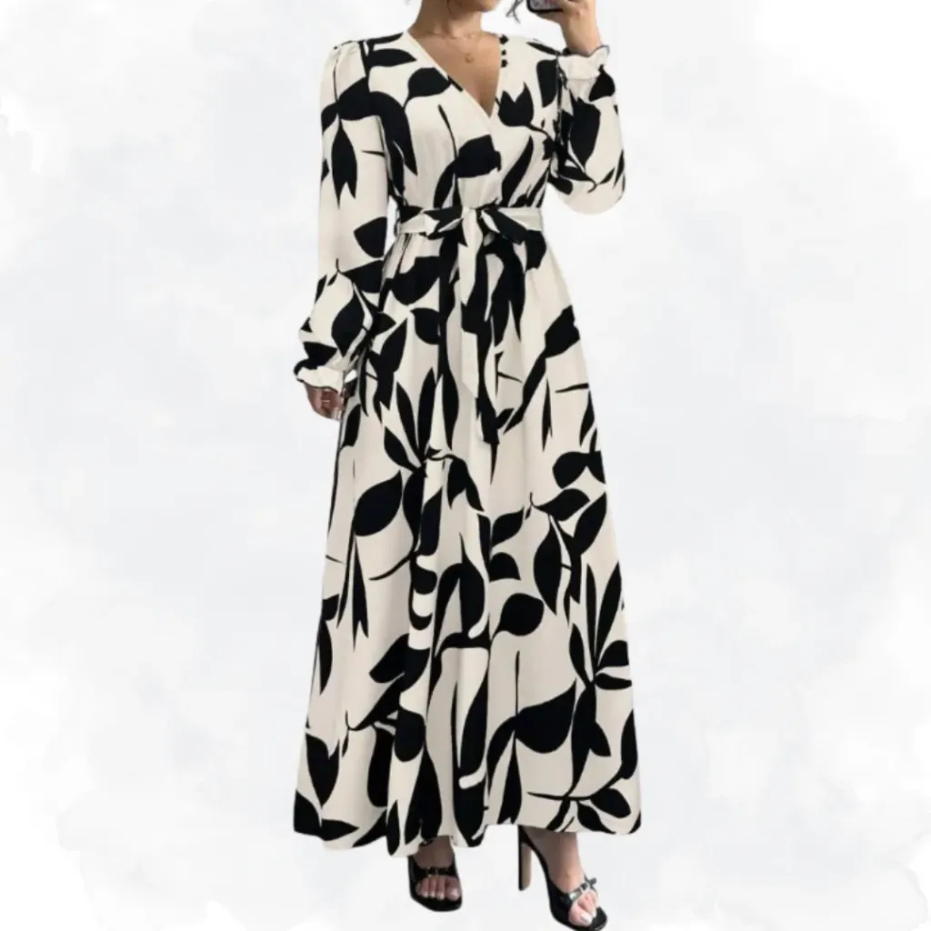 [1332] Ivory/Black Floral Dress (Small)