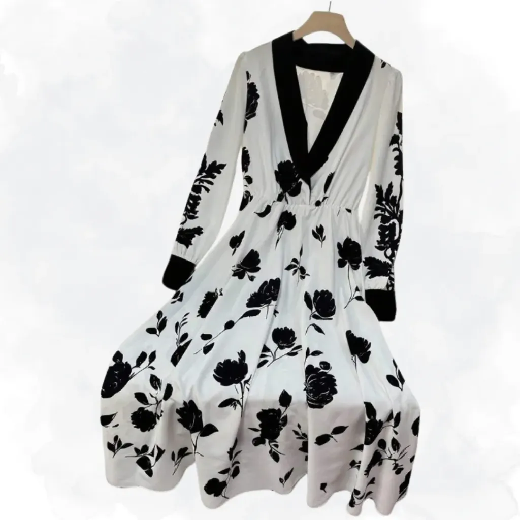 [1396] White/Black Floral Dress (Small)