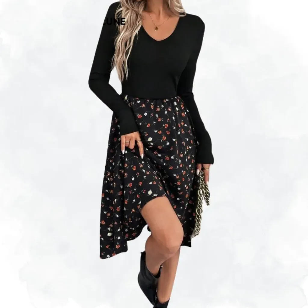 Floral Print/Solid Top -Black