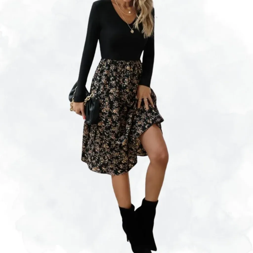 Floral Print/Solid Top -Black