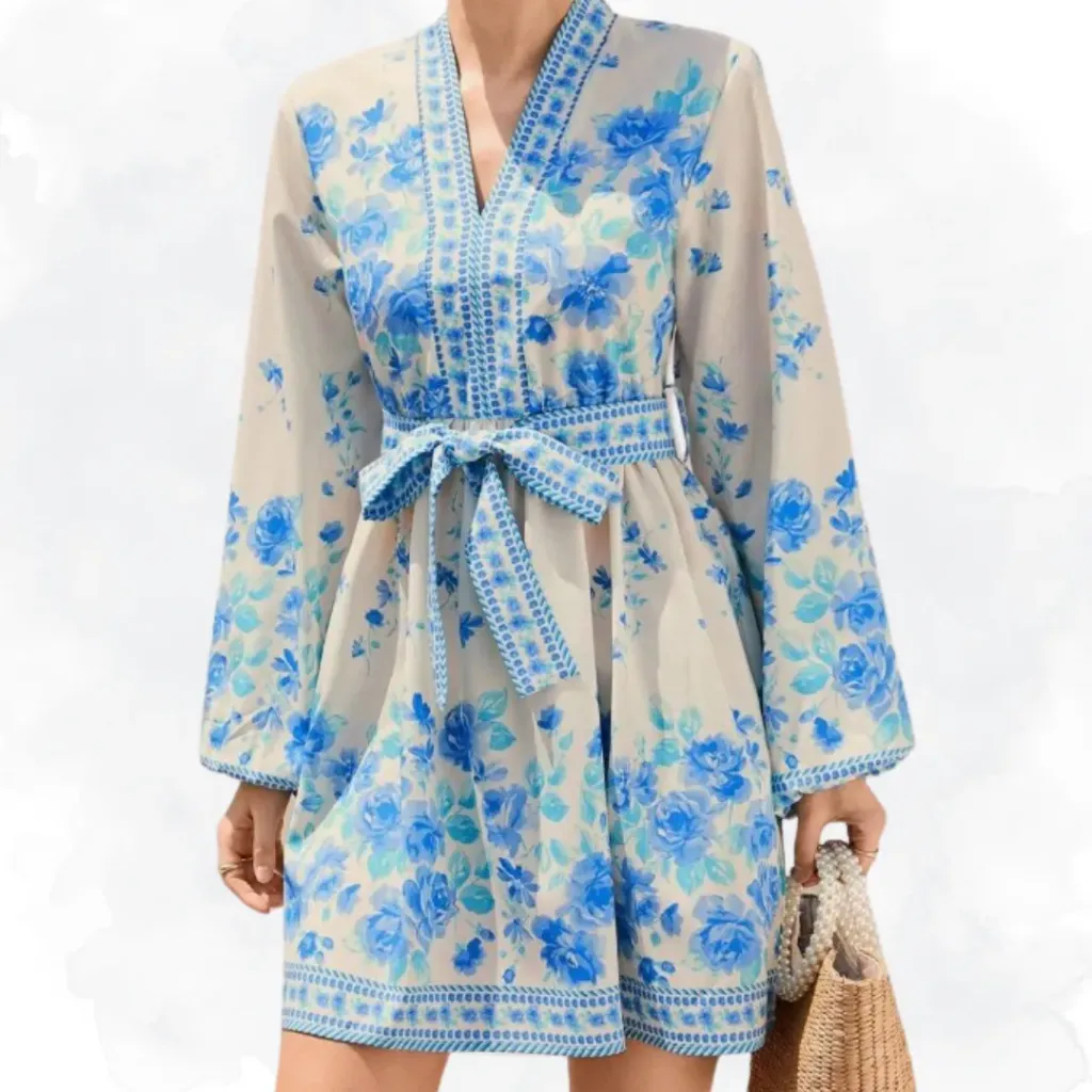 [1259] Blue/White Floral Print Top (Small)