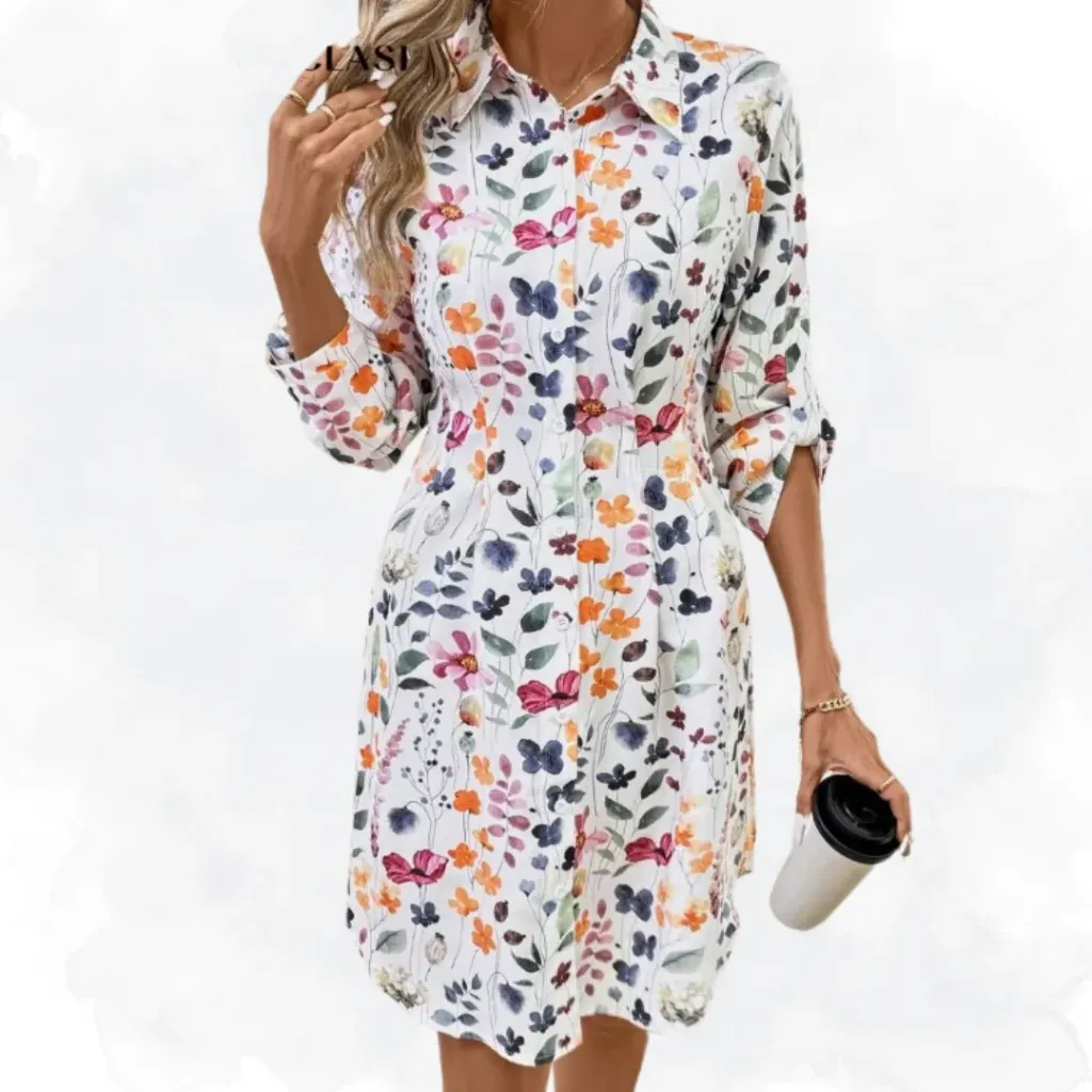 [1388] White Floral Print Button Top (Small)