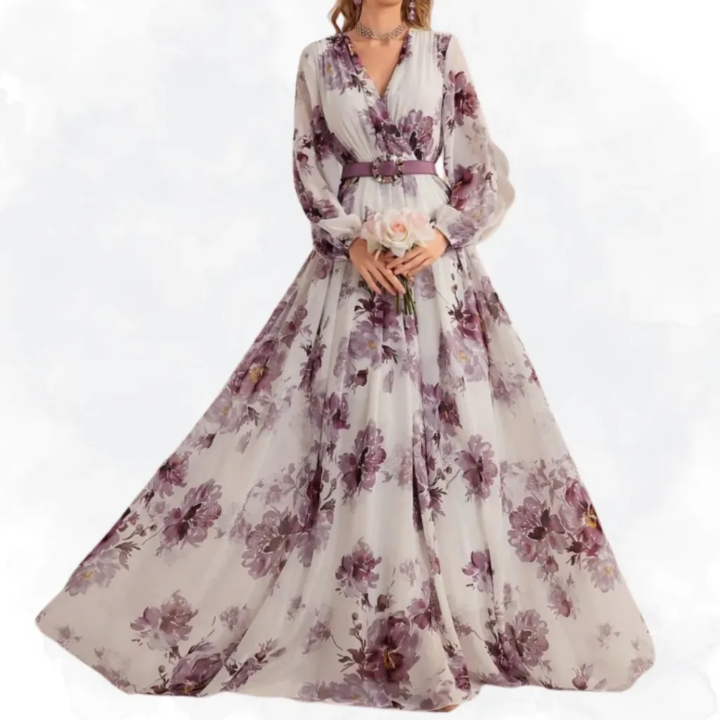 Chiffon Floral Print Lantern Sleeve Dress