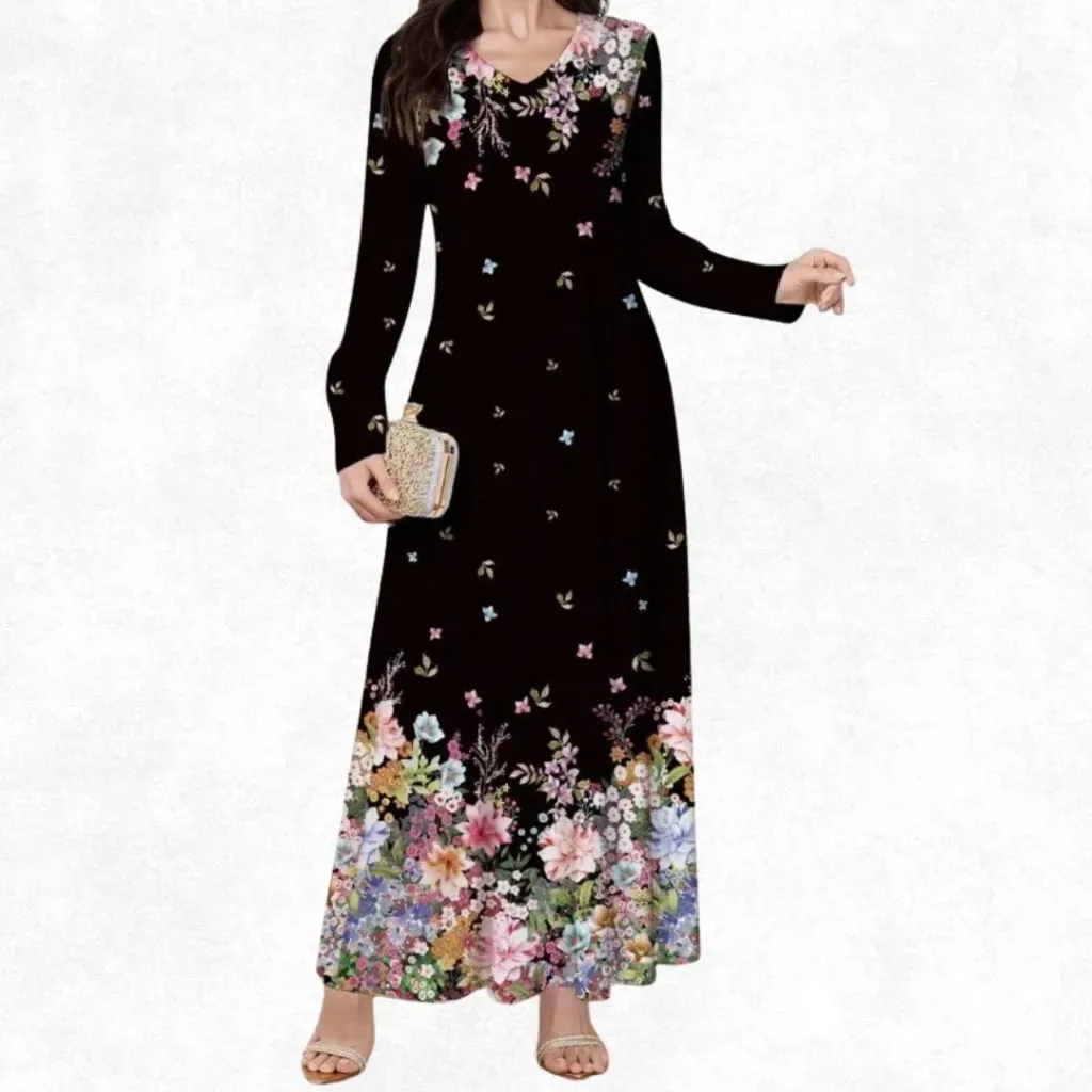 Black Floral Print Knit Maxi Dress