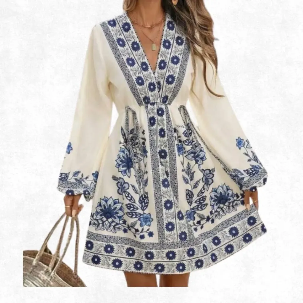 Cinched Waist A-Line Floral Print Top
