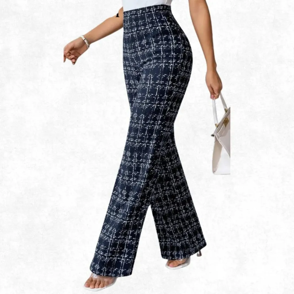 Plaid Printed Pants - Navy